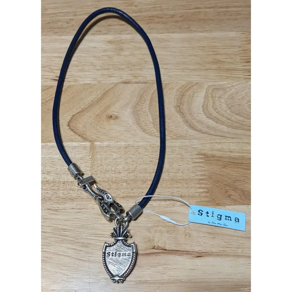 Stigma Mens Navy Blue Cord Necklace Silver Tone Fleur-de-Lis Shield Pendant NWT